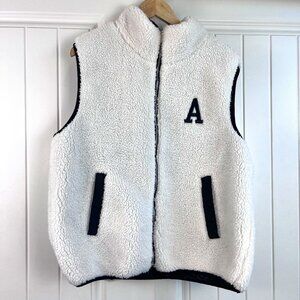 A02 Ivory and Black Sherpa Vest Full Zip Size Medium with Embroidered "A"